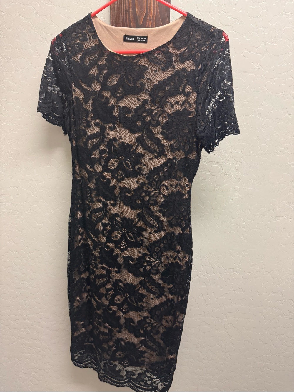 SHEIN Black Lace Overlay with Nude Lining Mini Dress